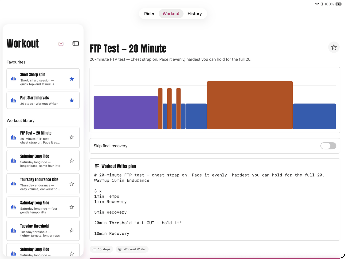 A workout loaded in Praxis on an iPad: a twenty minute FTP test shown as a bar chart of coloured effort blocks, above the plain text Workout Writer plan it was built from, listing a fifteen minute warmup, three one minute tempo repeats, and a twenty minute threshold block.